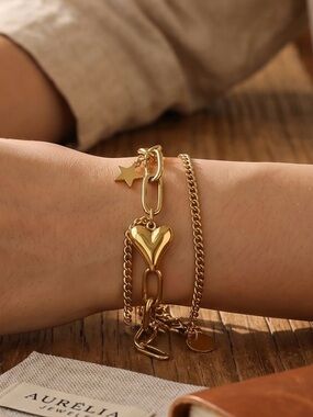Gold Heart & Star Charm Bracelet | Adjustable Chain